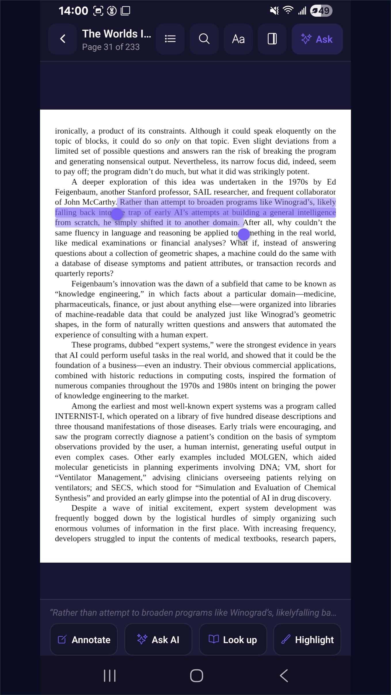 The mobile reader with a highlighted passage