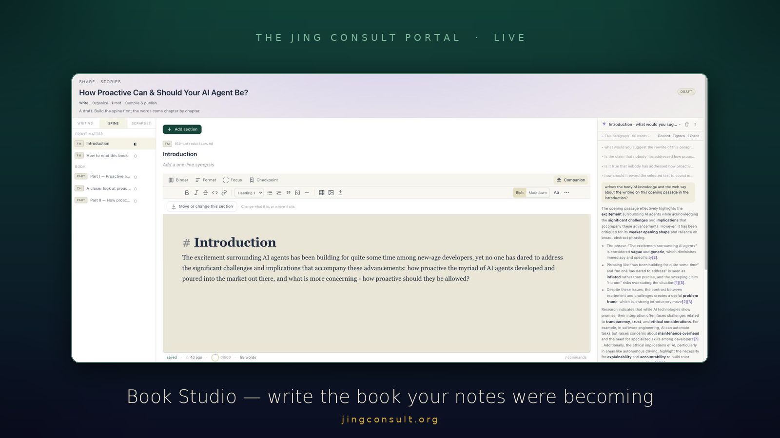 Jing Consult Portal — Book Studio