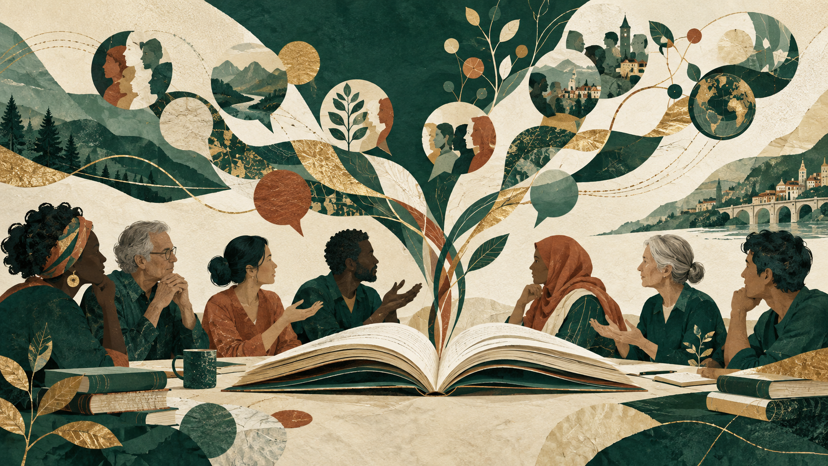 Adult learners in dialogue around an open book as interconnected ideas grow into a shared knowledge network